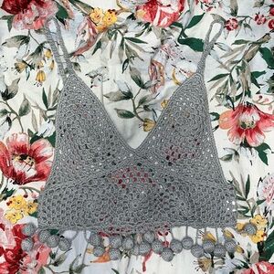 Honey Punch RARE Grey Cropped Crochet Tank with Pom Pom Fringe Hem